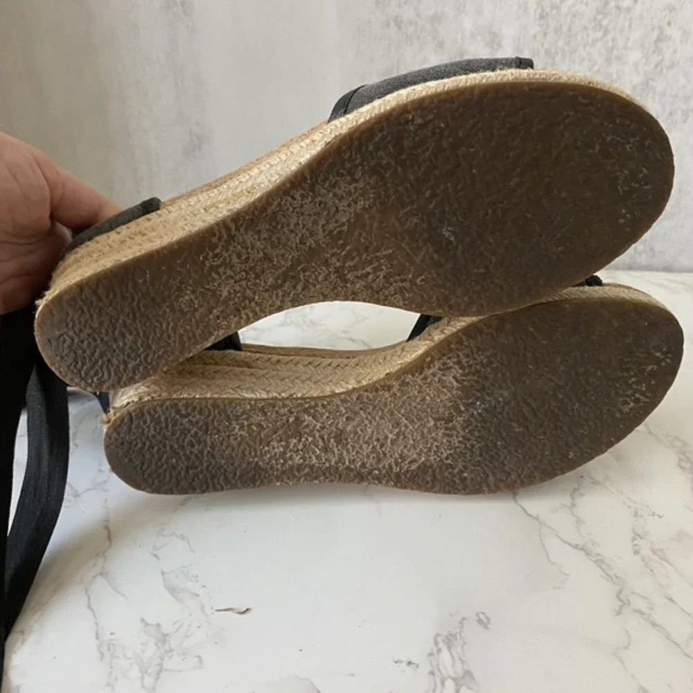 UGG Amell Canvas Sandals Sz 9 Grey‎ Black Ankle Tie Espadrilles Cork